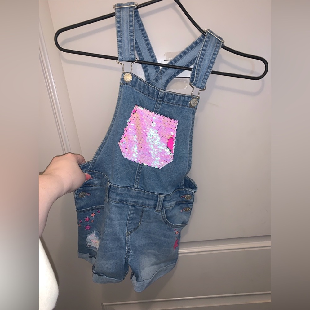 Girls Jordache Star Print Red&Pink Denim Overalls Size 7/8 Medium